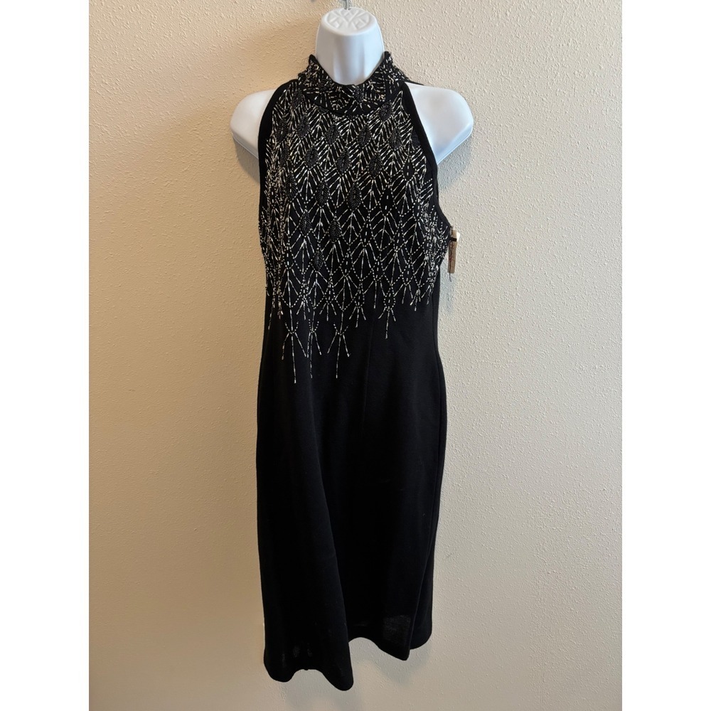 NWT Vintage 80s Nina Charles Kasper ASL Beaded Dress  L Black Evening Cocktail